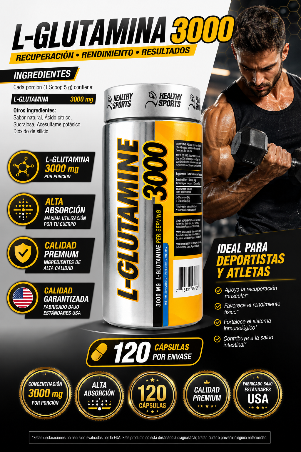 L-Glutamina 3000 mg | 120 Cápsulas | Recuperación Muscular – Healthy Sports