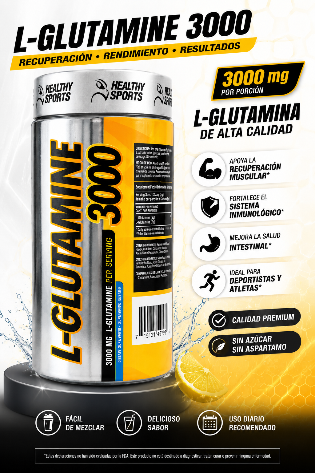 L-Glutamina 3000 mg | 120 Cápsulas | Recuperación Muscular – Healthy Sports