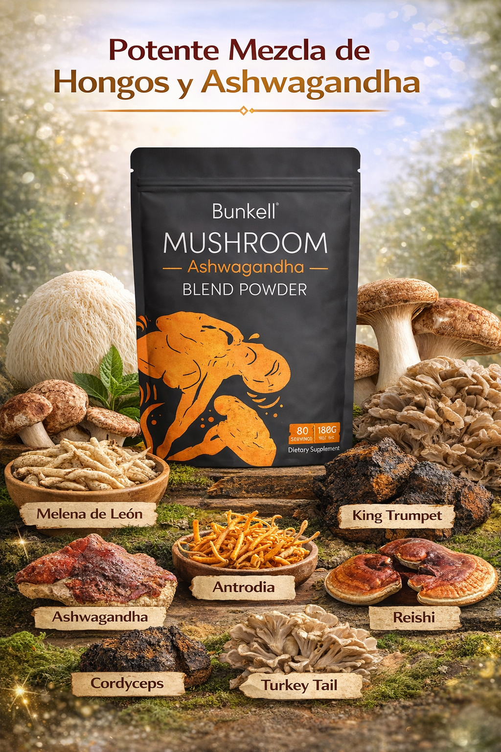 Hongos De Ashwagandha En Polvo, 10 Adaptógenos 80 Porciones