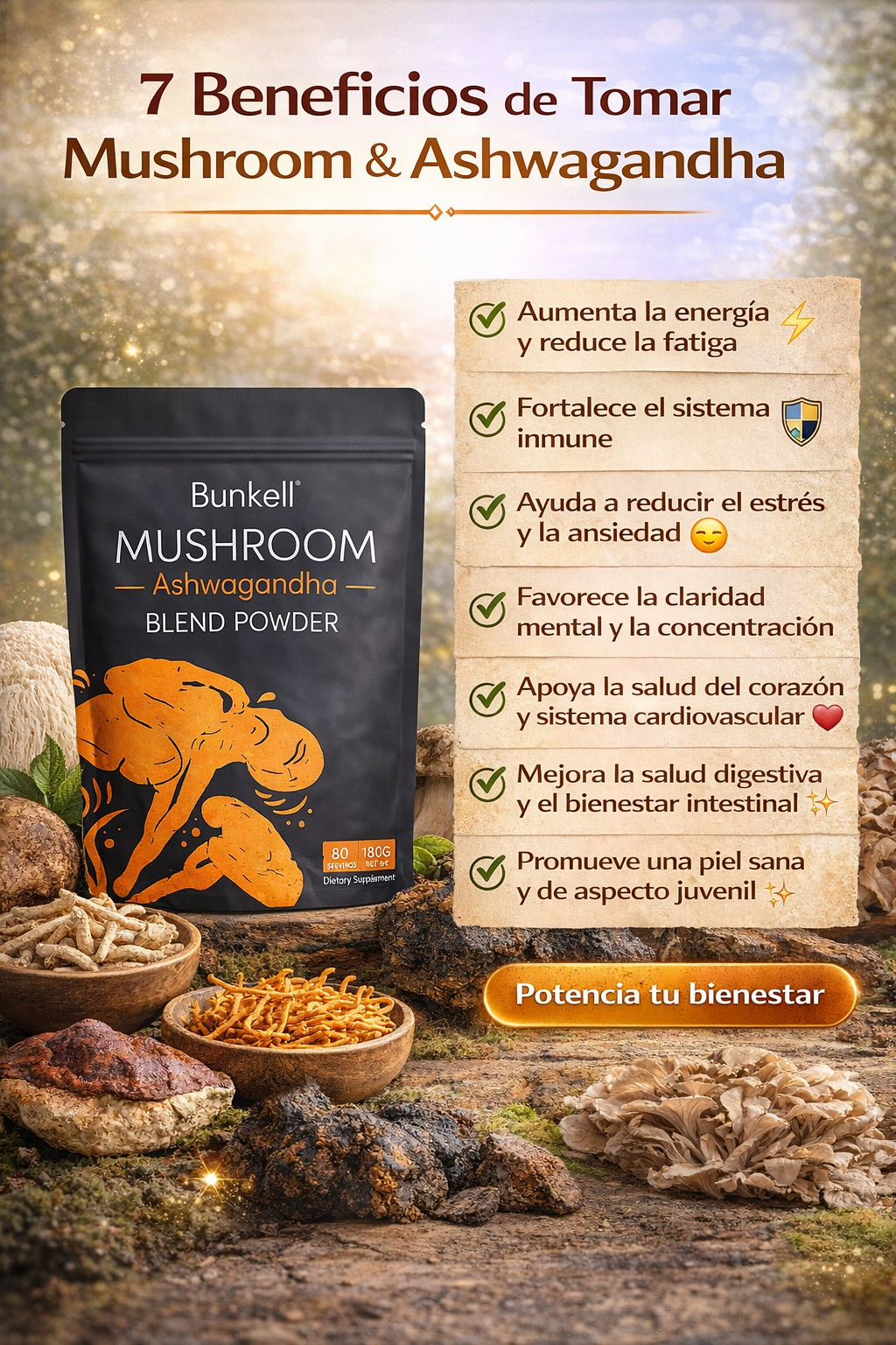 Hongos De Ashwagandha En Polvo, 10 Adaptógenos 80 Porciones