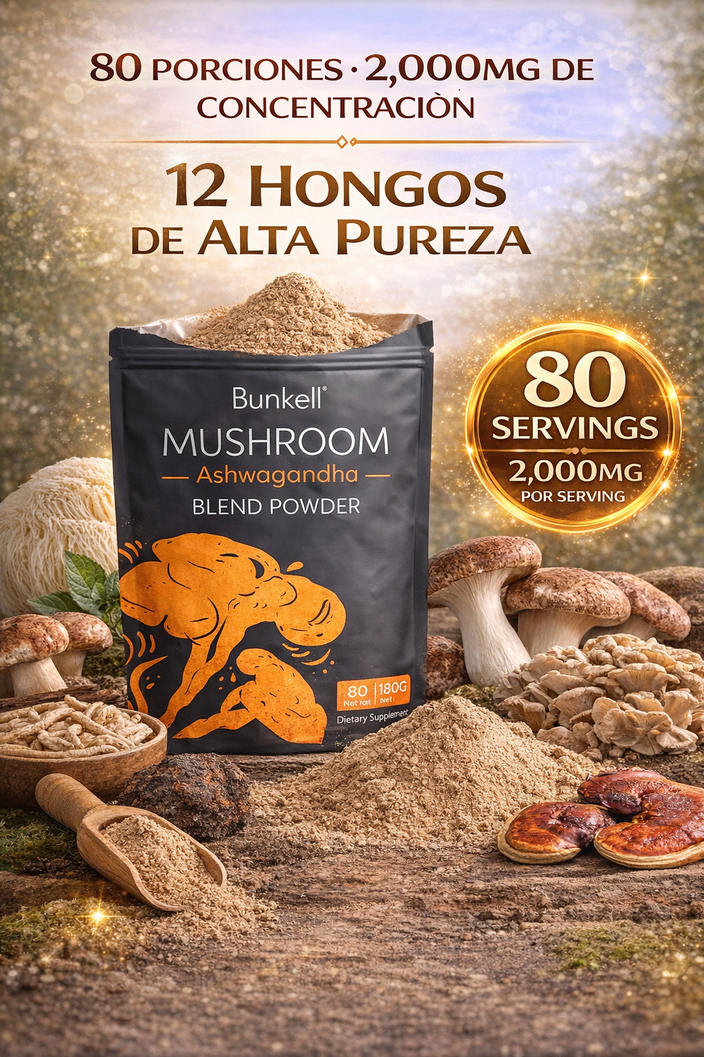 Hongos De Ashwagandha En Polvo, 10 Adaptógenos 80 Porciones