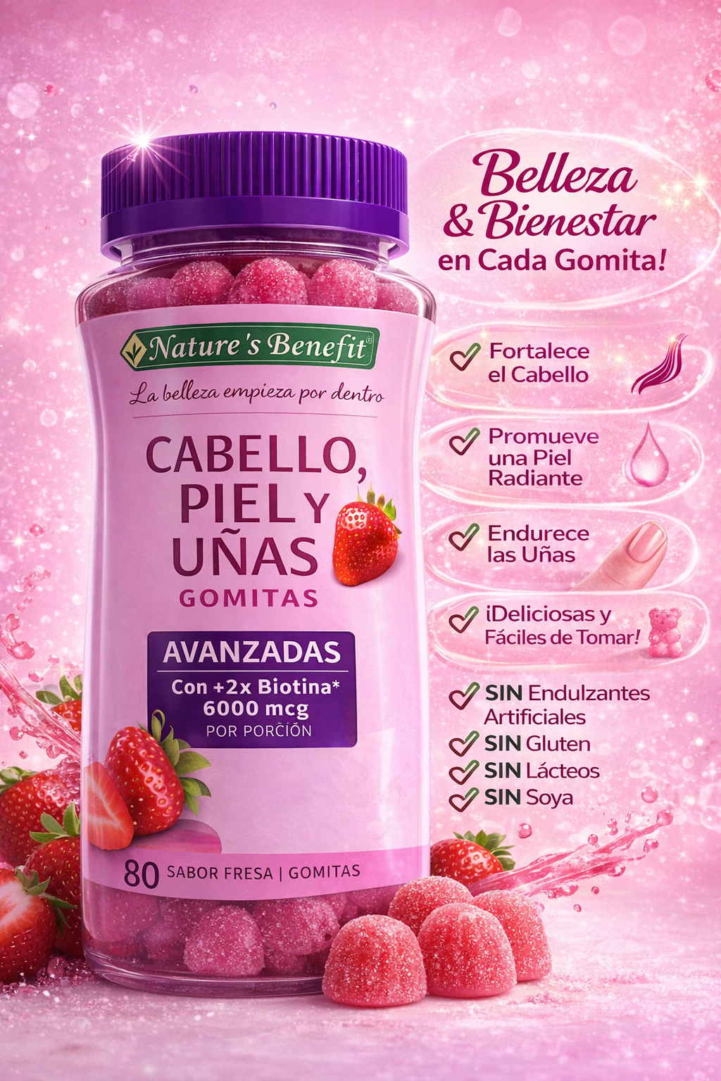 Nature's Bounty Hair Skins & Nails Advanced, 80 Gomas Frutilla