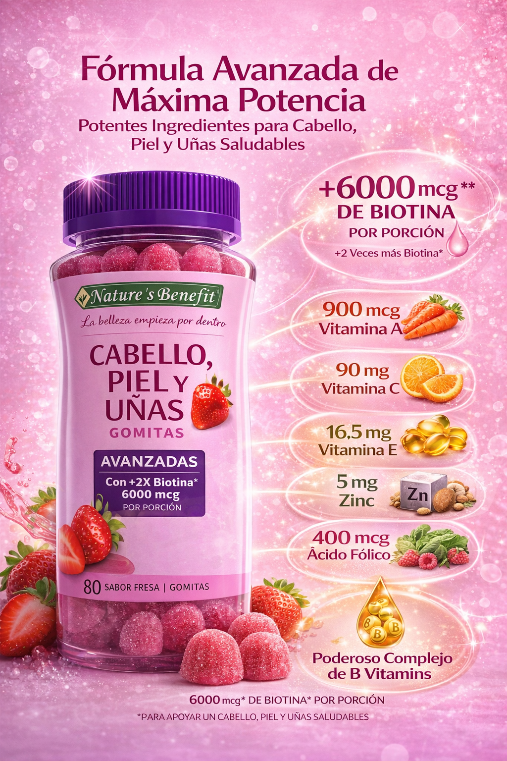 Nature's Bounty Hair Skins & Nails Advanced, 80 Gomas Frutilla