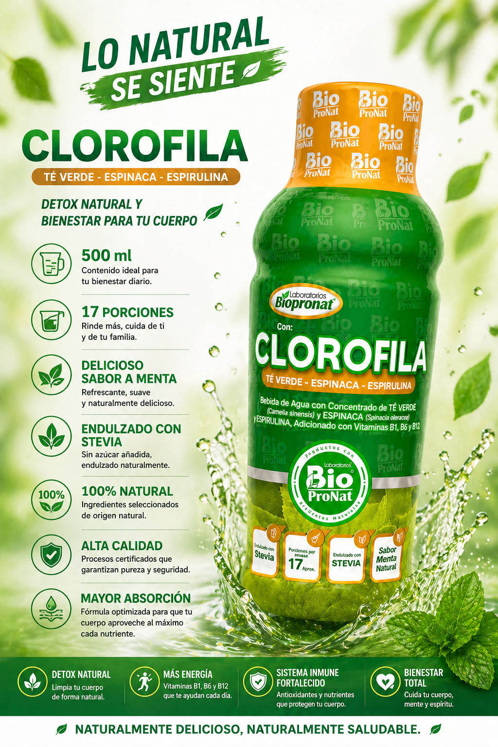 Clorofila Líquida 500 ml Sabor Menta | Té Verde, Espinaca y Espirulina