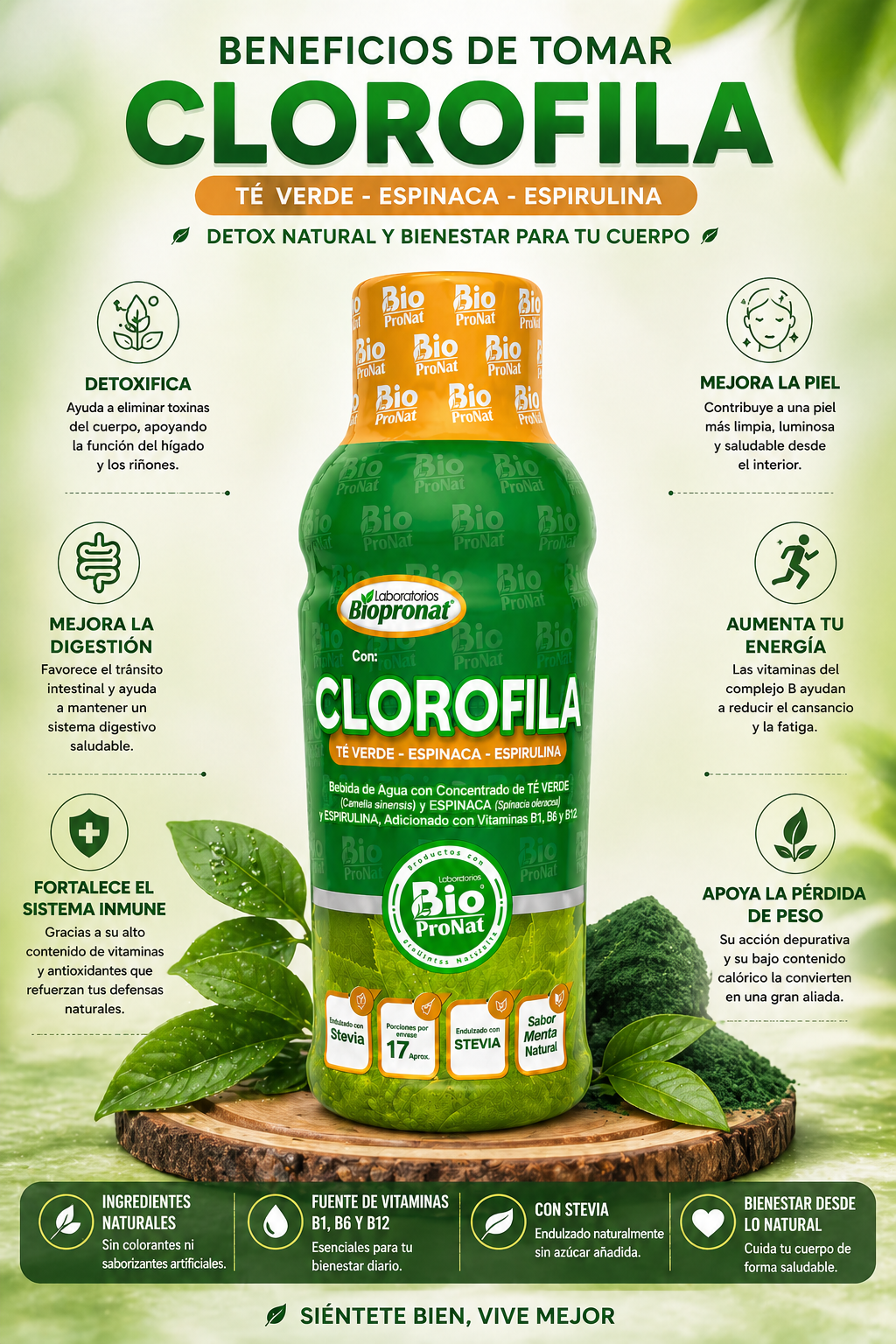 Clorofila Líquida 500 ml Sabor Menta | Té Verde, Espinaca y Espirulina
