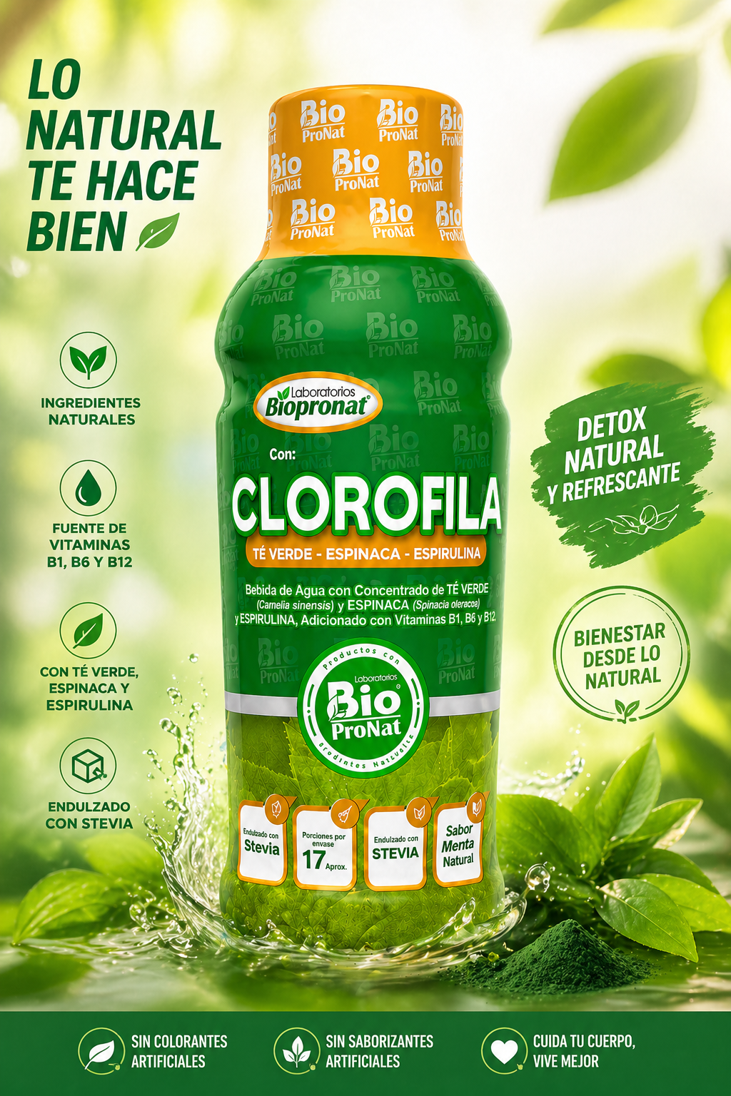 Clorofila Líquida 500 ml Sabor Menta | Té Verde, Espinaca y Espirulina