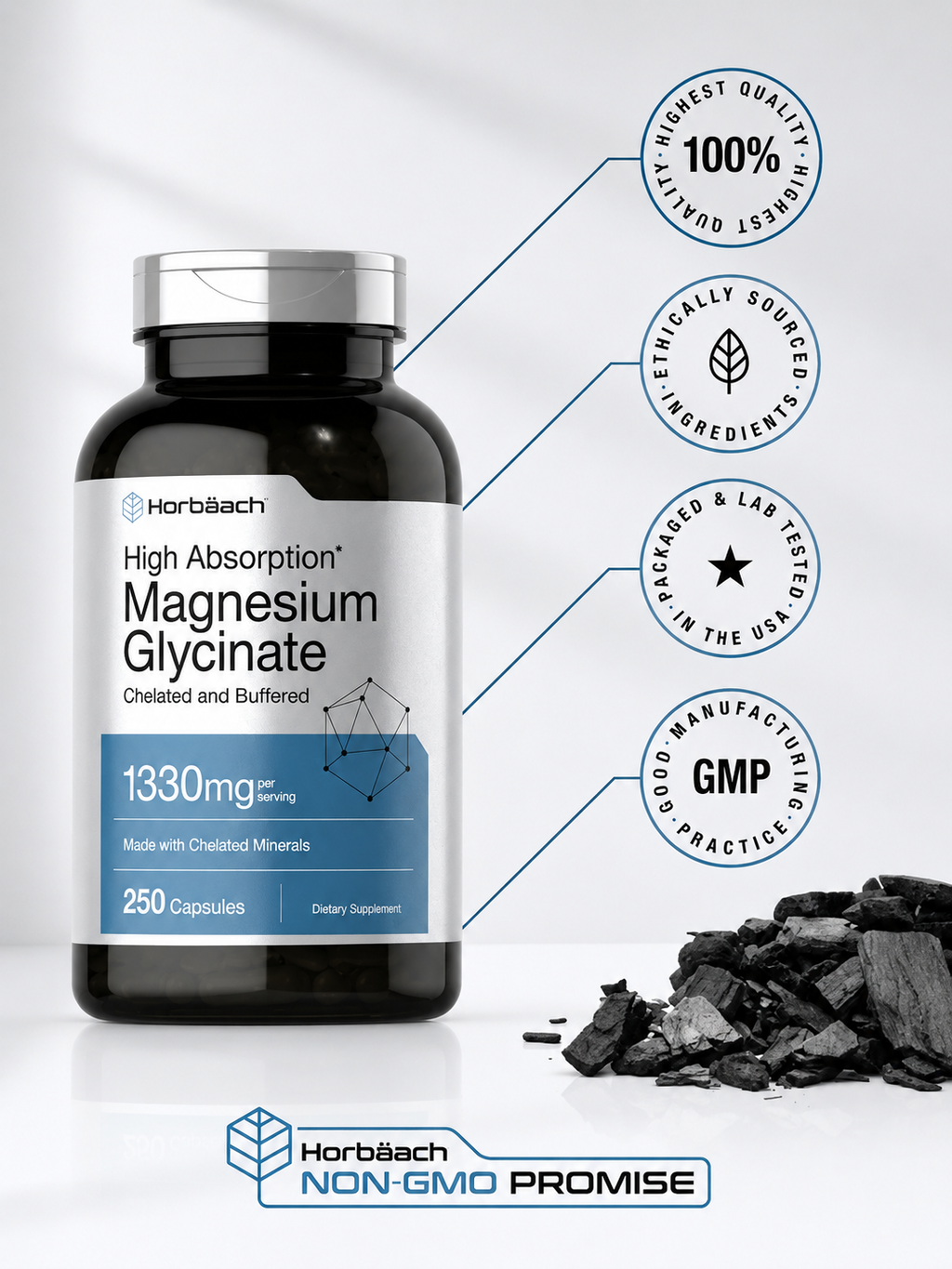 Magnesio Glicinato 1330 mg x 250 Cápsulas – Horbaach | Alta Absorción