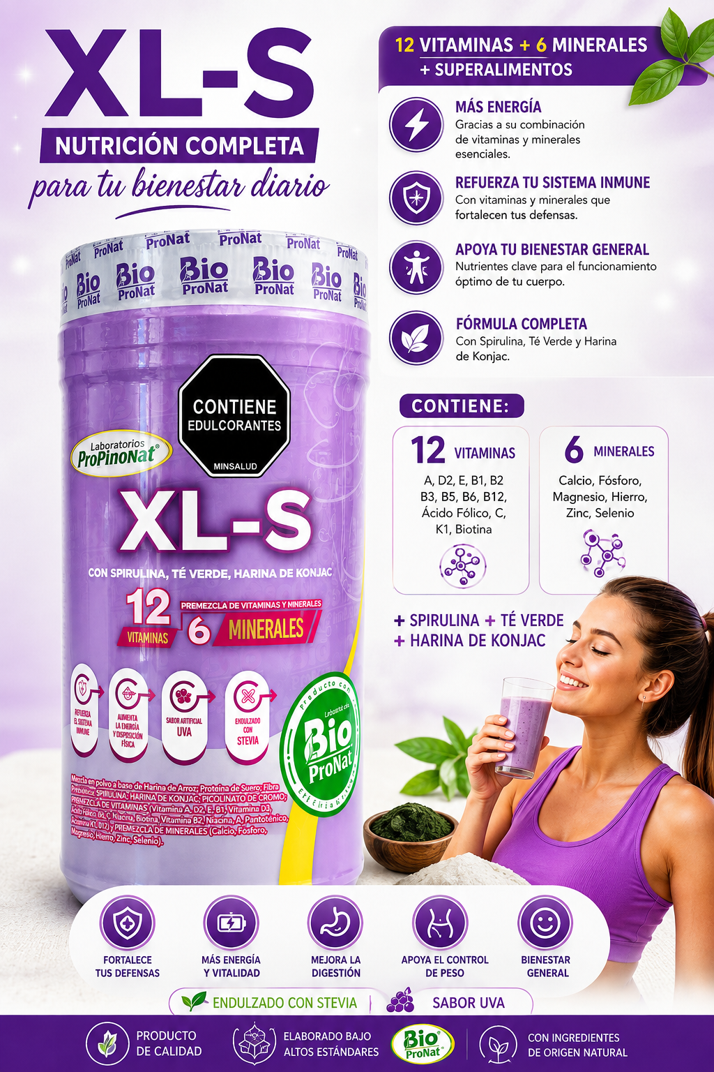 XL-S Quemador de Grasa Natural | Espirulina + Té Verde | Biopronat