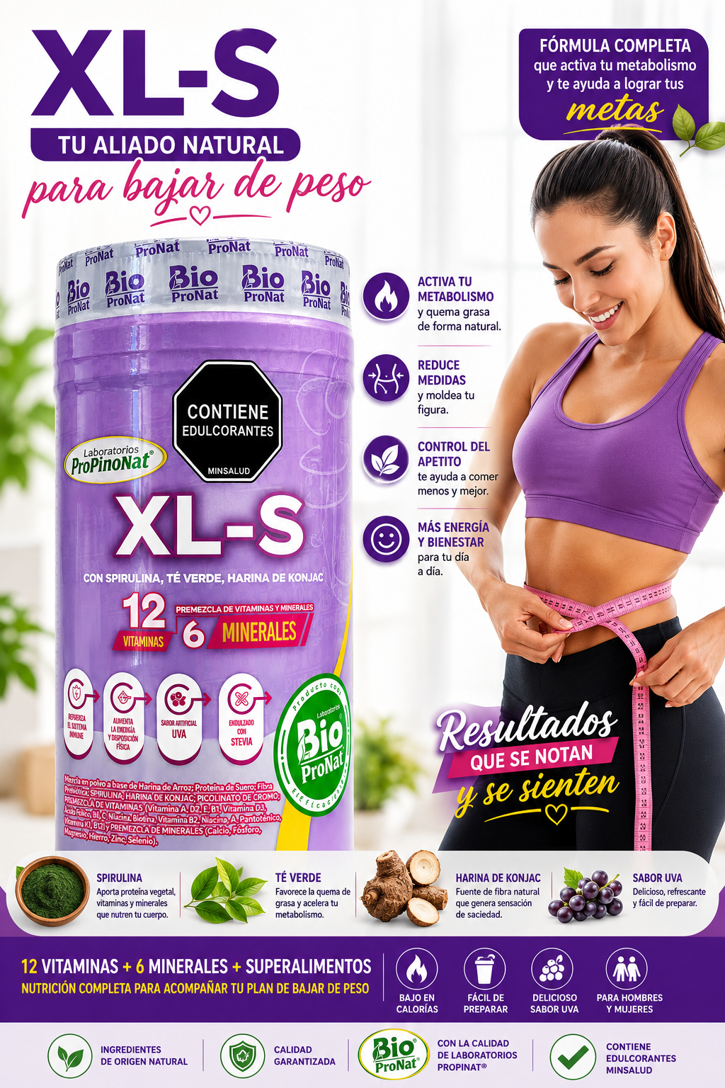 XL-S Quemador de Grasa Natural | Espirulina + Té Verde | Biopronat