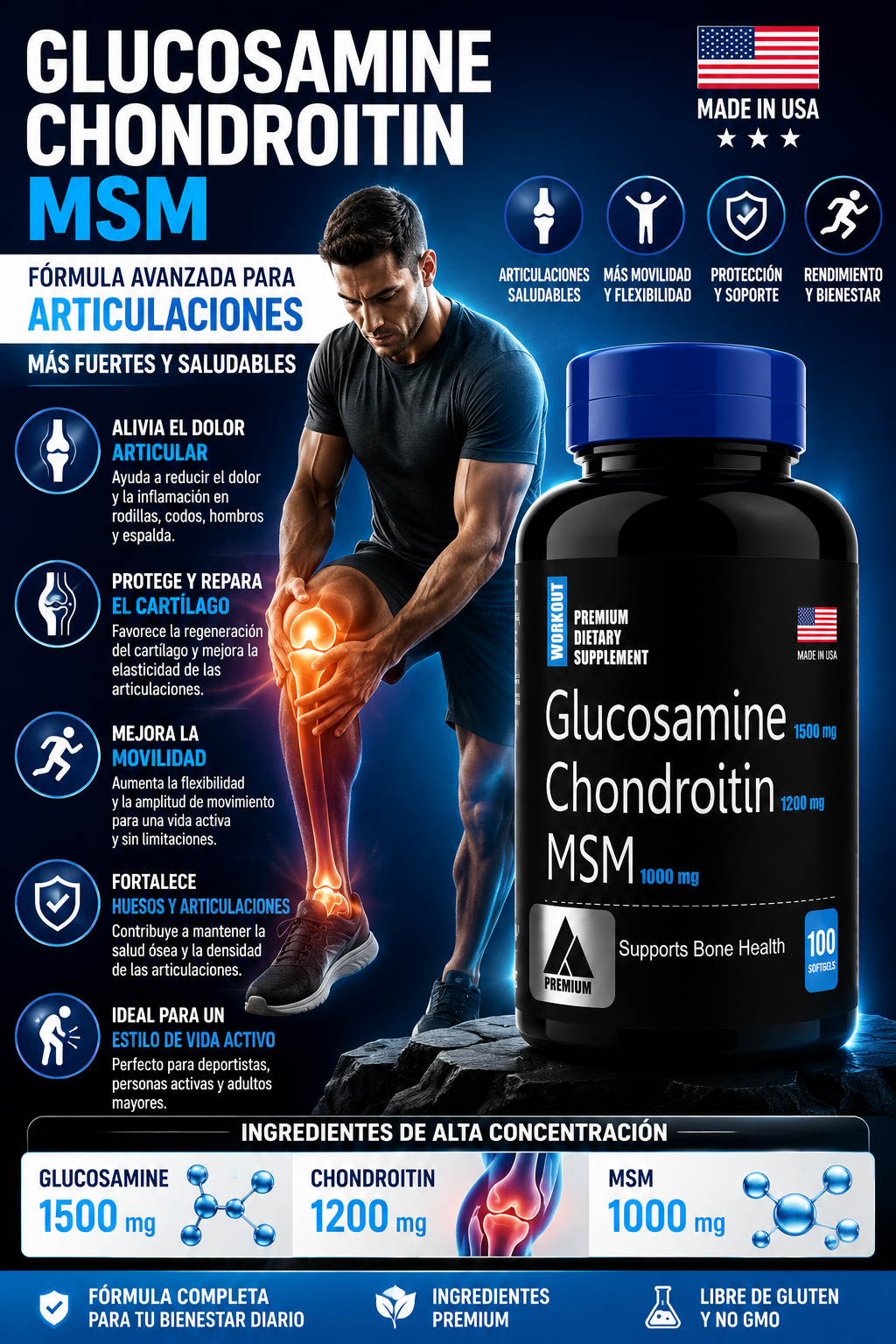 Glucosamina, Condroitina y MSM 100 Softgels — Articulaciones Fuertes y Sin Dolor