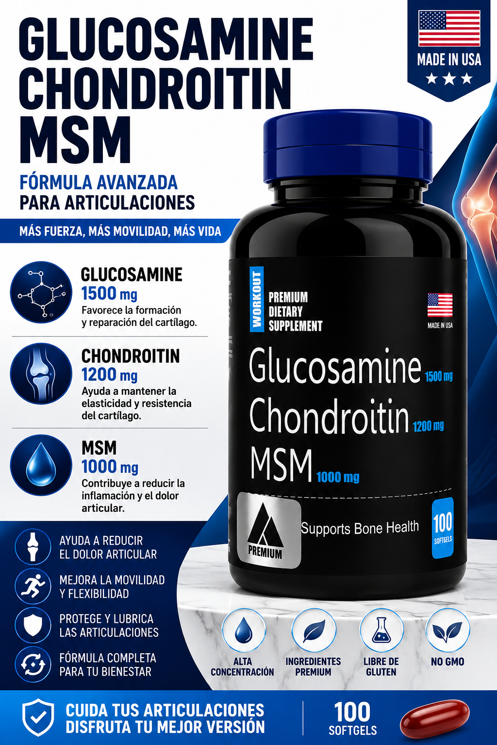 Glucosamina, Condroitina y MSM 100 Softgels — Articulaciones Fuertes y Sin Dolor
