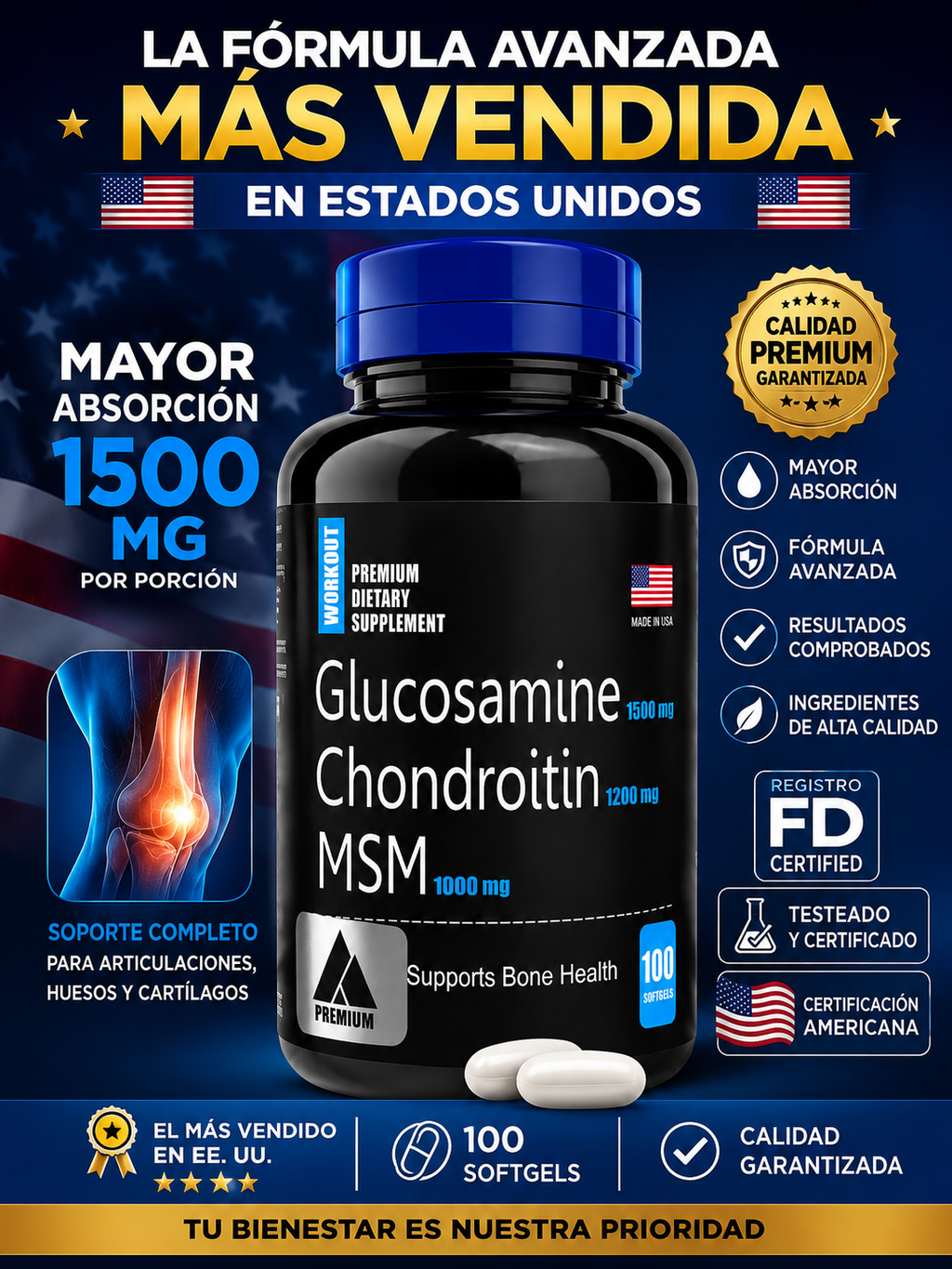 Glucosamina, Condroitina y MSM 100 Softgels — Articulaciones Fuertes y Sin Dolor