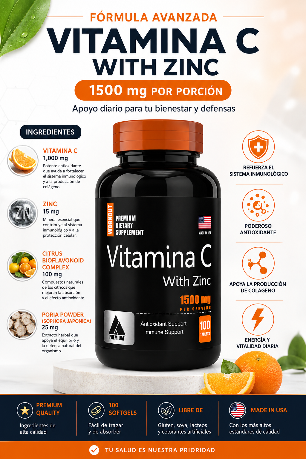 VITAMINA C +ZINC DE ALTA POTENCIA 1500 MG