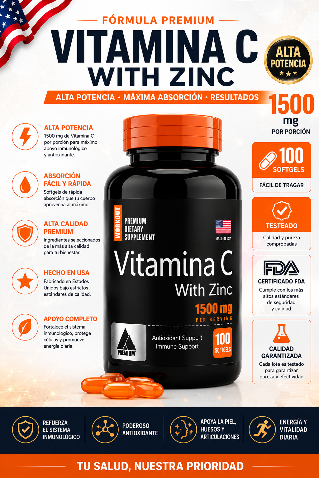 VITAMINA C +ZINC DE ALTA POTENCIA 1500 MG
