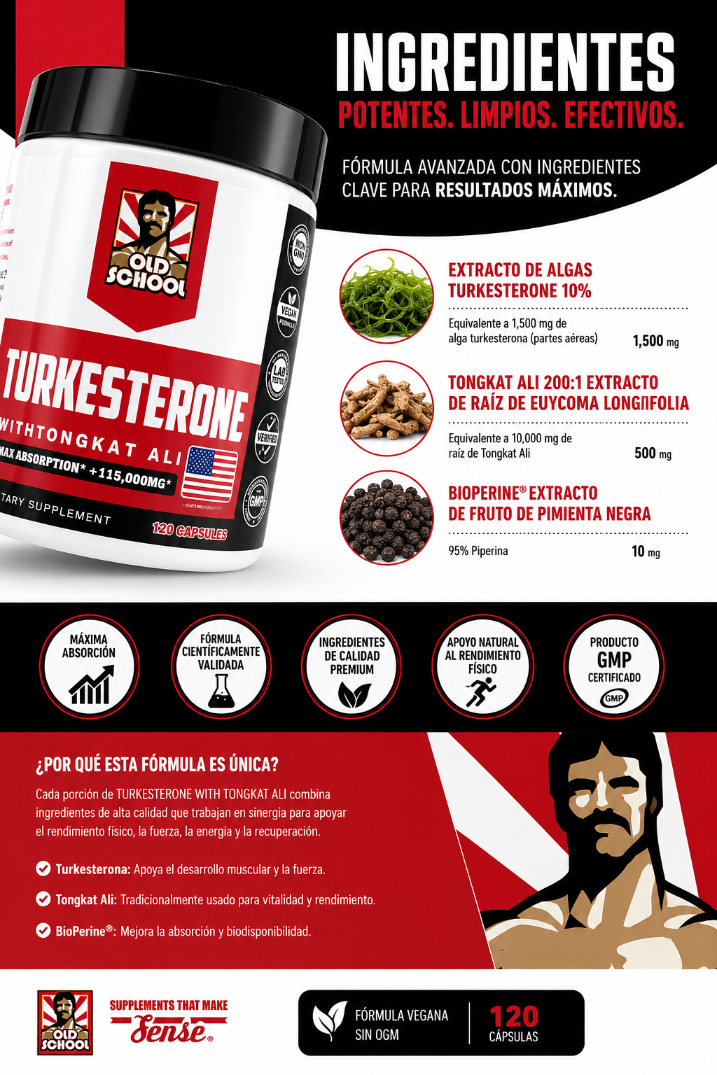 Turkesterone + Tongkat Ali 120 Cápsulas | Fuerza, Testosterona y Rendimiento