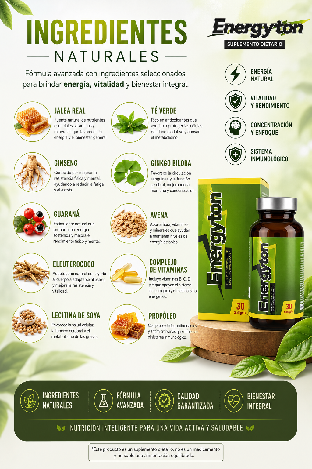Energyton 30 Softgels | Ginseng, Jalea Real, Guaraná, Ginkgo Biloba y Vitaminas