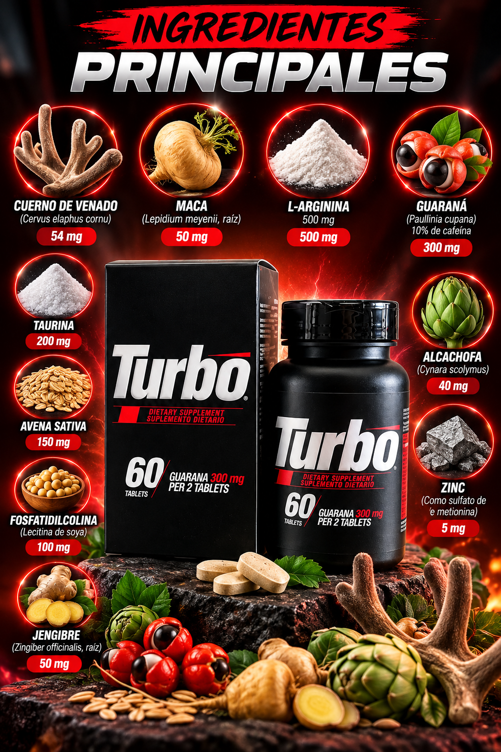 Turbo Guaraná 300 Mg 60 Tabletas Suplemento Dietario